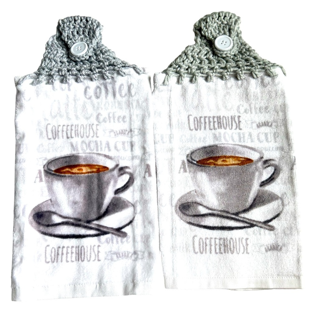 HAND CRAFTED Crochet Top Coffee House Hanging Kitchen or Bathroom Hand Towels - Picture 3 of 7